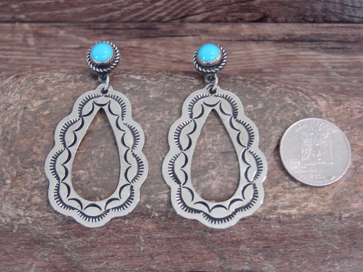 Native American Nickel Silver & Turquoise Dangle Post Earrings - Cleveland