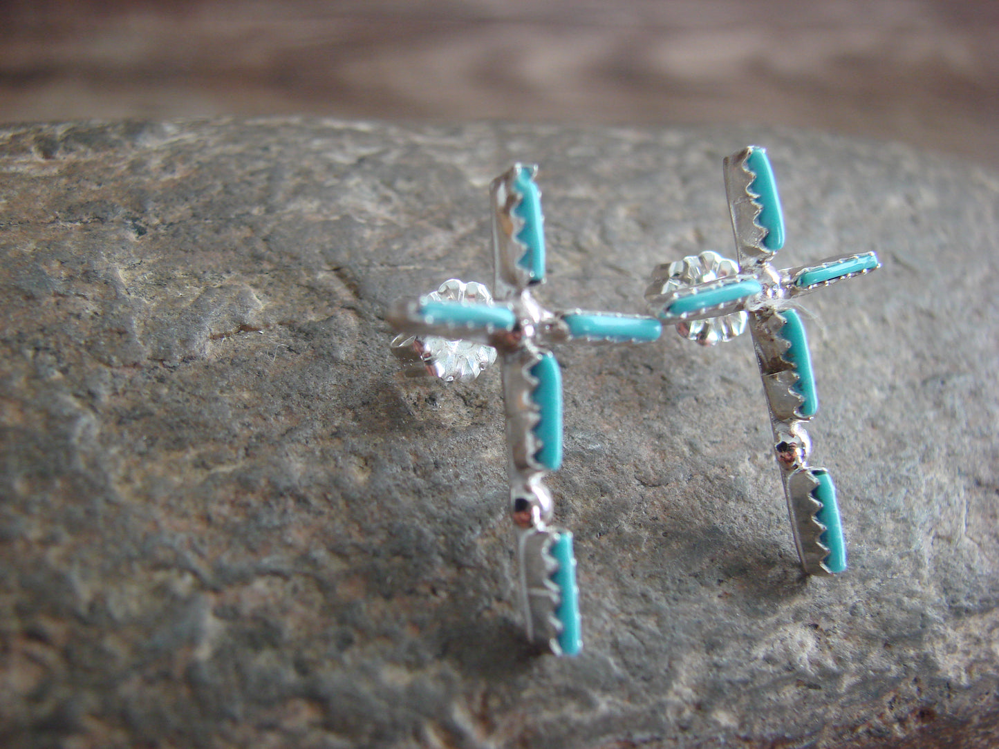 Native American Sterling Silver Turquoise Cross Post Earrings - Pinto
