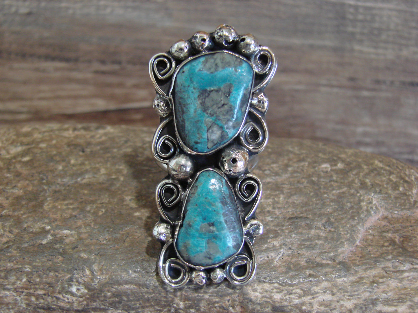 Native American Nickel Silver & Turquoise Ring by Cleveland - Size 9.5