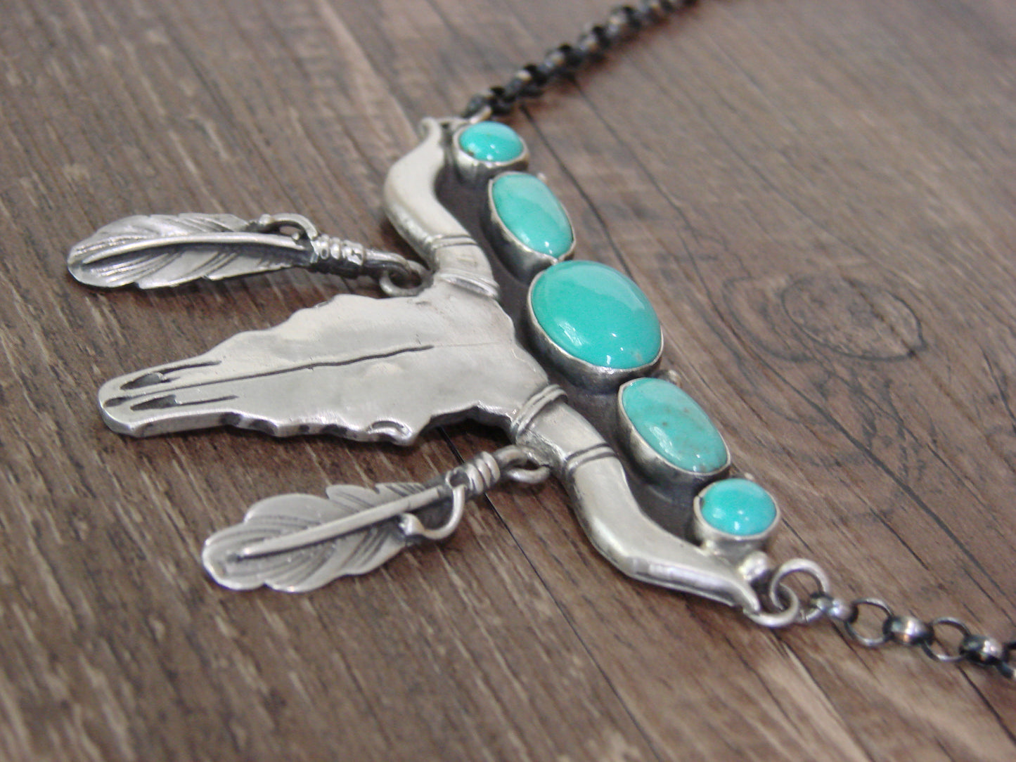 Native American Sterling Silver & Turquoise Long Horn Necklace Signed Sam