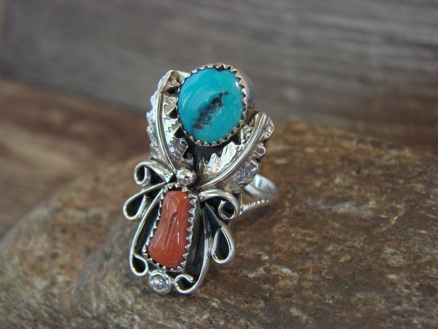 Native American Sterling Silver Turquoise & Coral Ring - Size 6.5 - Signed HBY