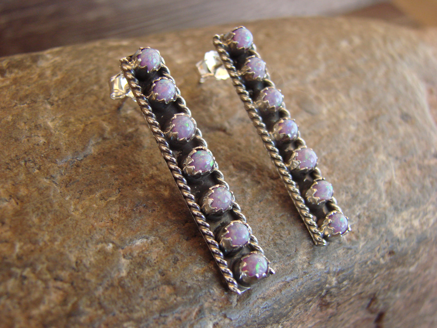 Native American Sterling Silver Purple Opal Row Post Earrings - Spencer