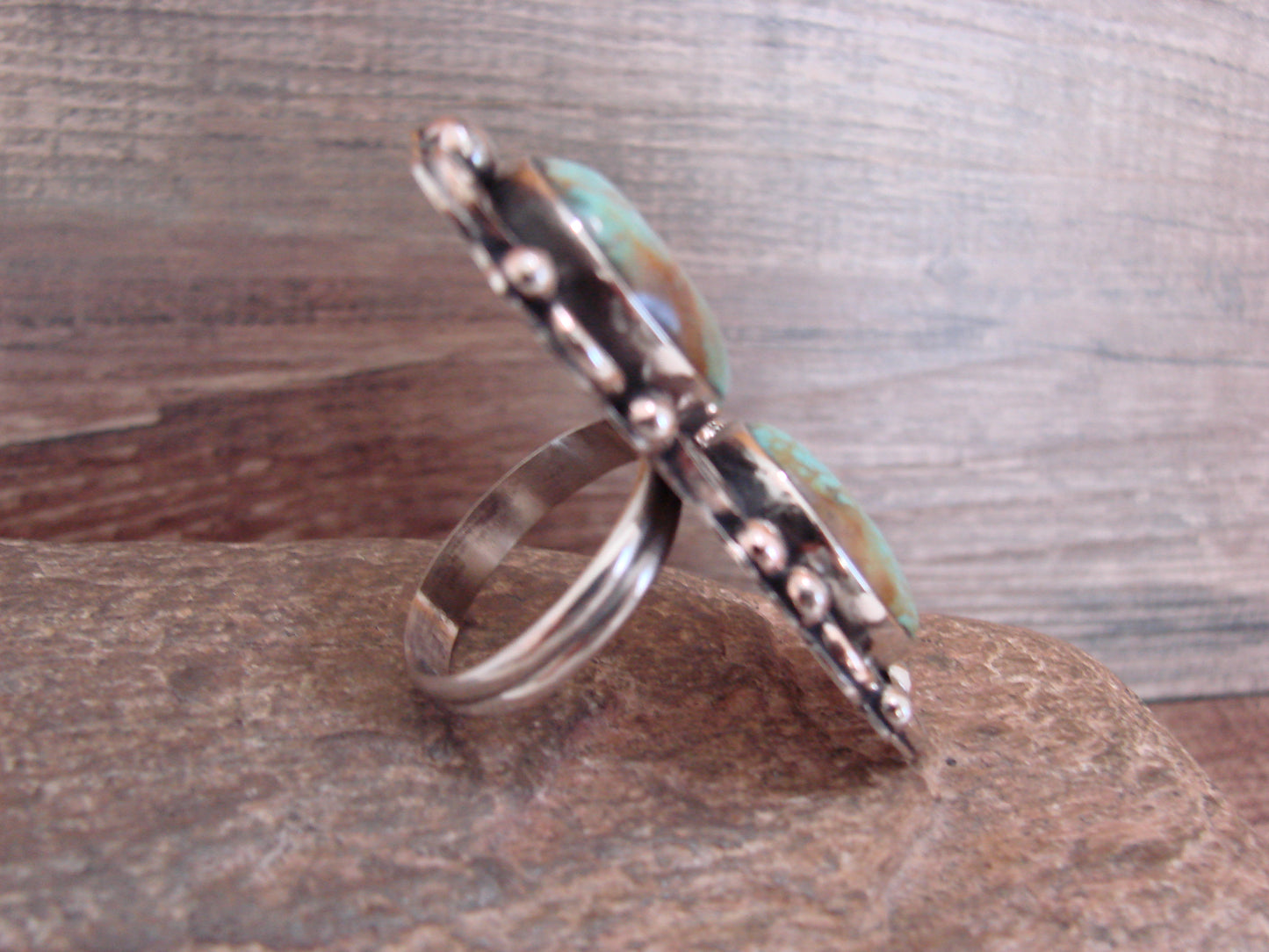 Native American Nickel Silver & Turquoise Adjustable Ring by Cleveland - Size 8 - 10