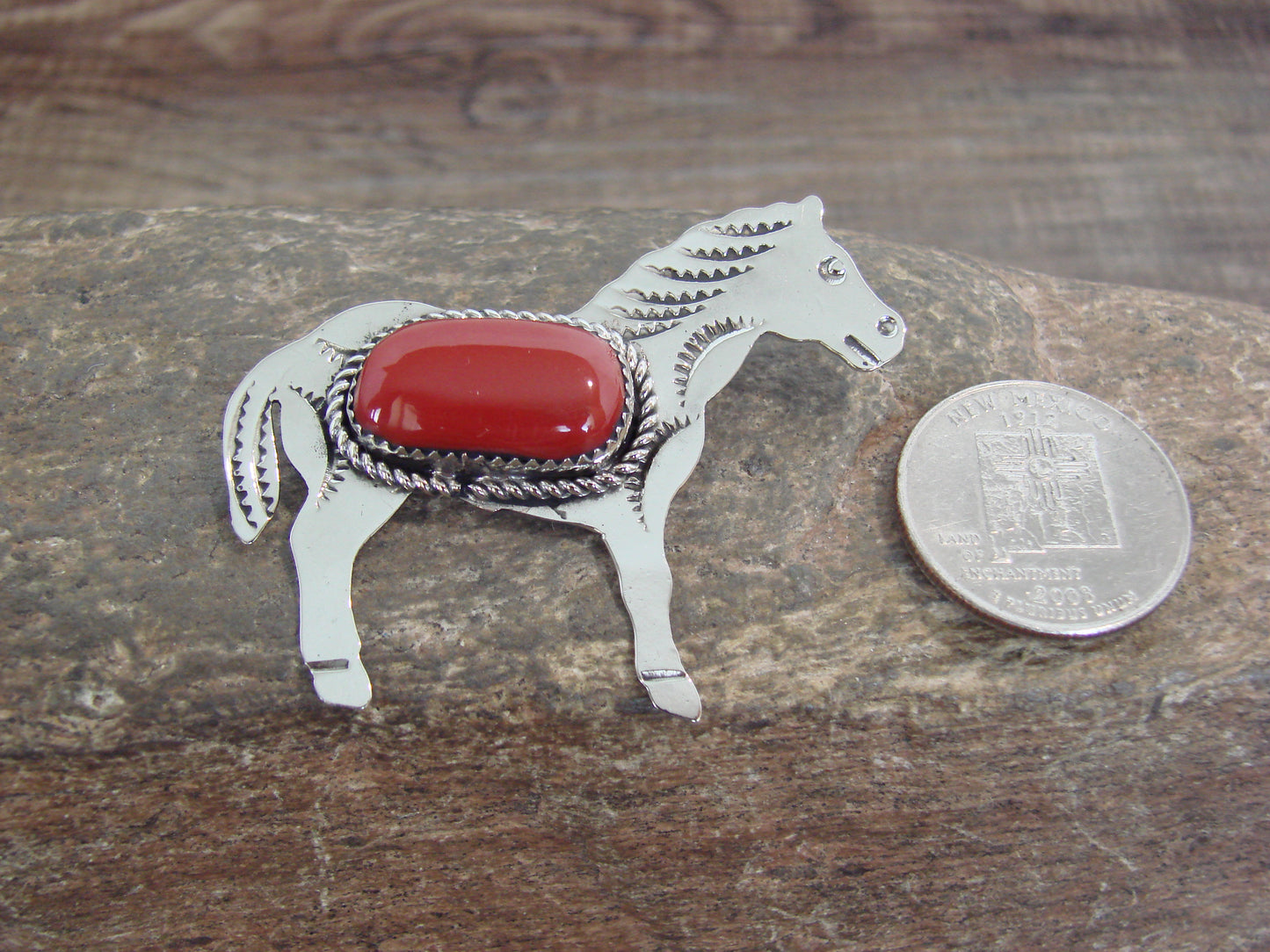Native American Nickel Silver & Coral Horse Pendant - Cleveland