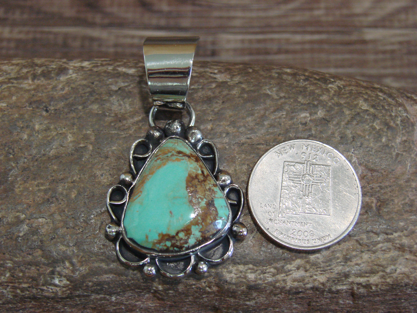 Native American Navajo Nickel Silver & Turquoise Pendant - Cleveland