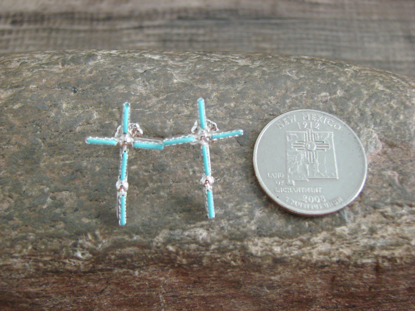 Native American Sterling Silver Turquoise Cross Post Earrings - Pinto