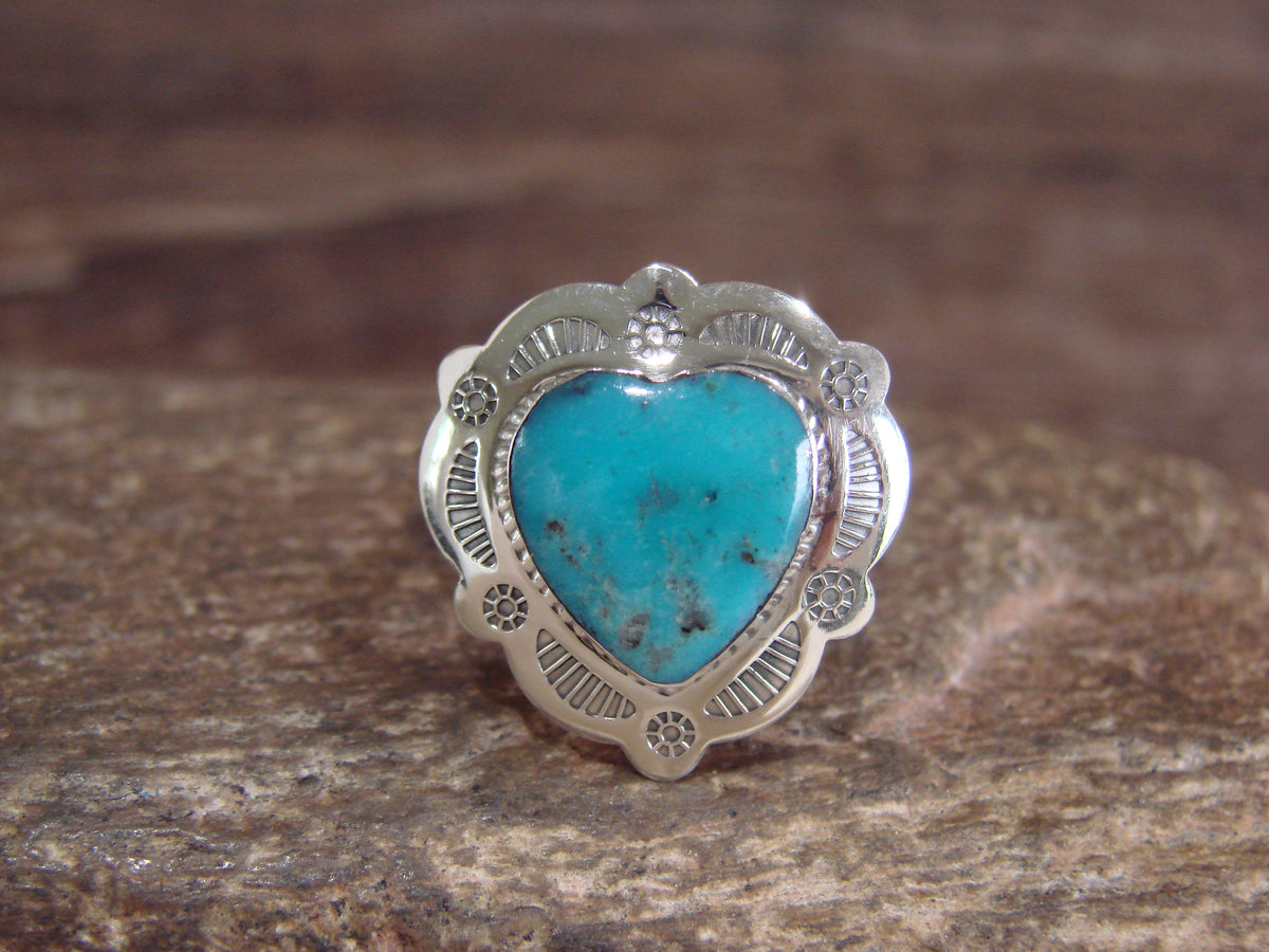 Native American Sterling Silver & Turquoise Heart Ring Size 8 - 9 - Coho