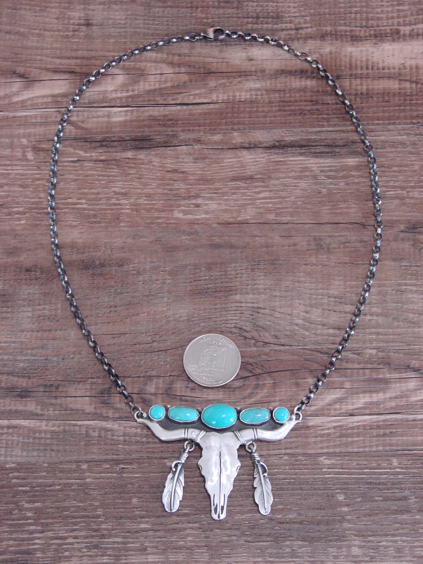 Native American Sterling Silver & Turquoise Long Horn Necklace Signed Sam