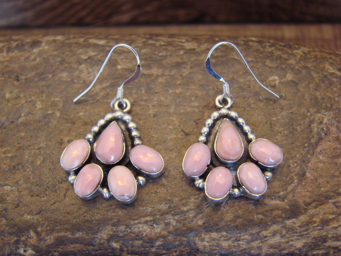 Native American Sterling Silver & Pink Conch Shell Dangle Earrings - Shorty