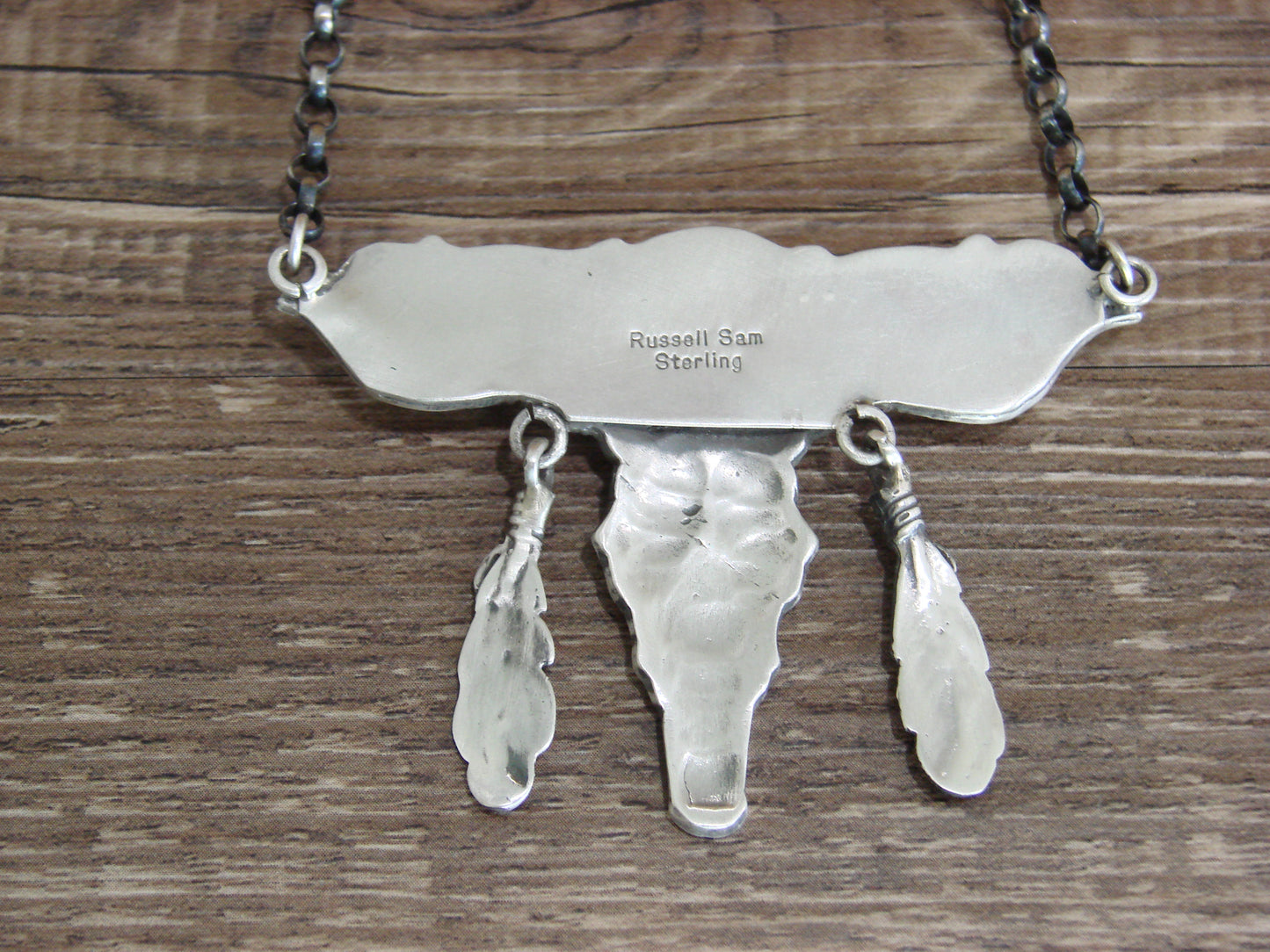 Native American Sterling Silver & Turquoise Long Horn Necklace Signed Sam