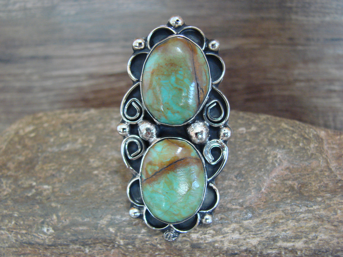 Native American Nickel Silver & Turquoise Adjustable Ring by Cleveland - Size 8 - 10