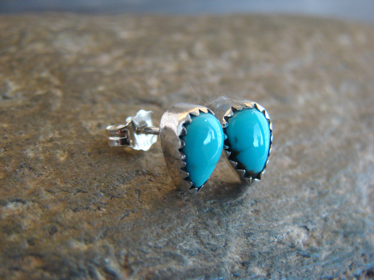 Native American Sterling Silver & Turquoise Tear Drop Post Earrings - Joe