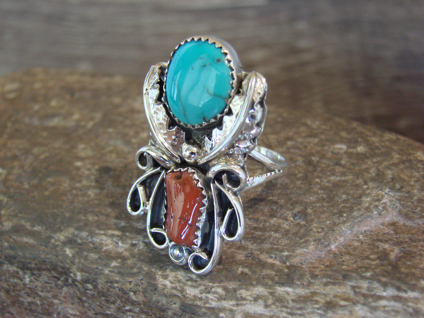 Native American Sterling Silver Turquoise & Coral Ring - Size 7.5 - Signed HBY