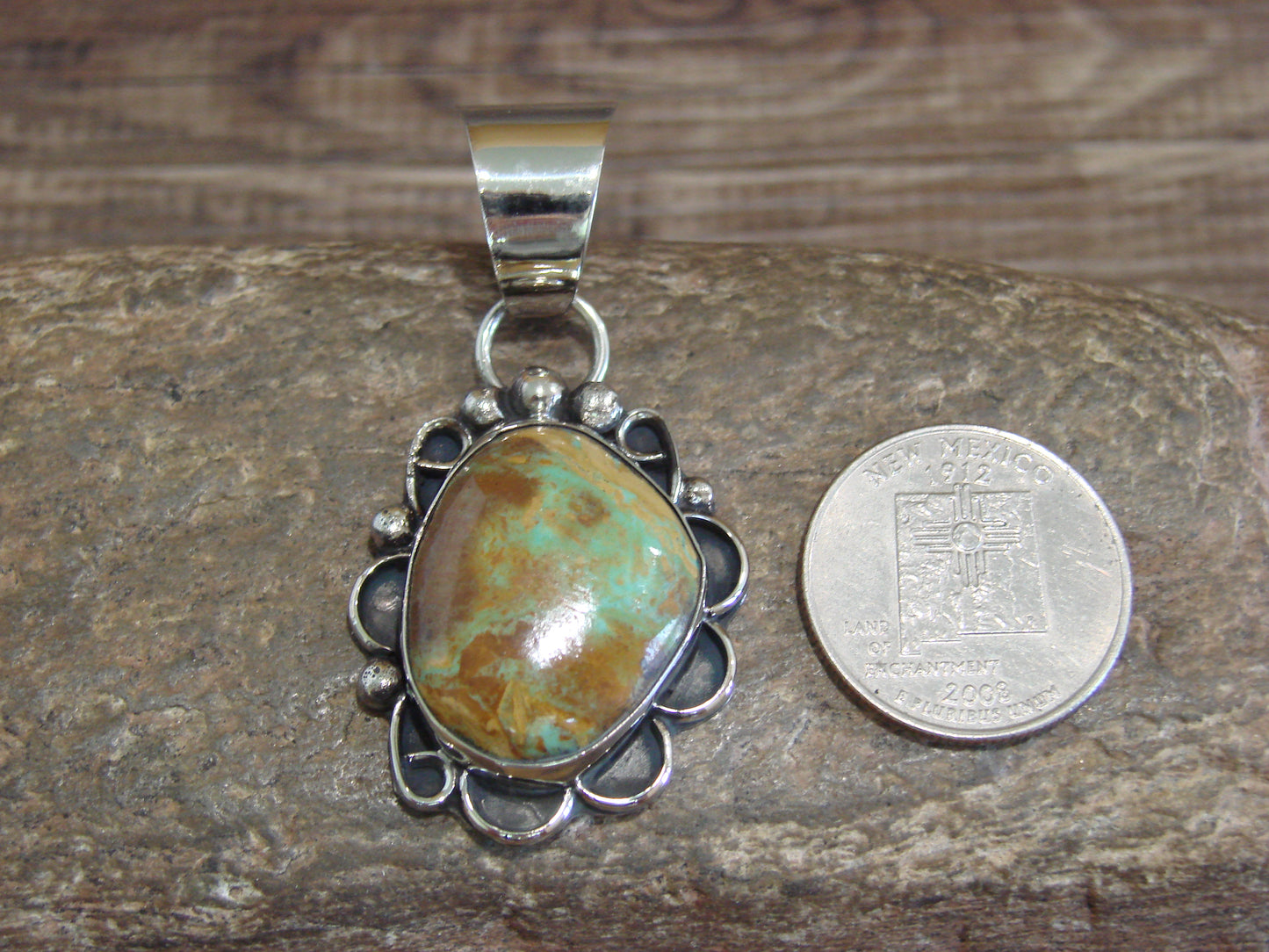 Native American Navajo Nickel Silver & Turquoise Pendant - Cleveland