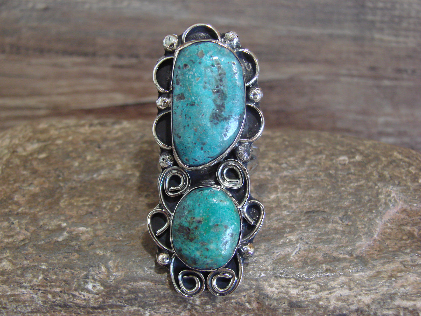 Native American Nickel Silver & Turquoise Ring by Cleveland - Size 8