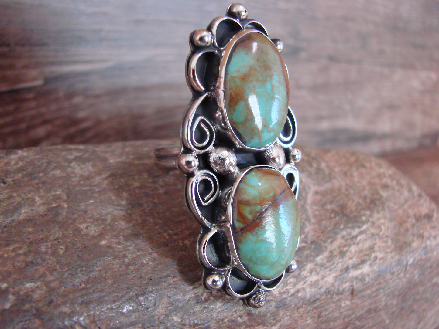 Native American Nickel Silver & Turquoise Adjustable Ring by Cleveland - Size 8 - 10