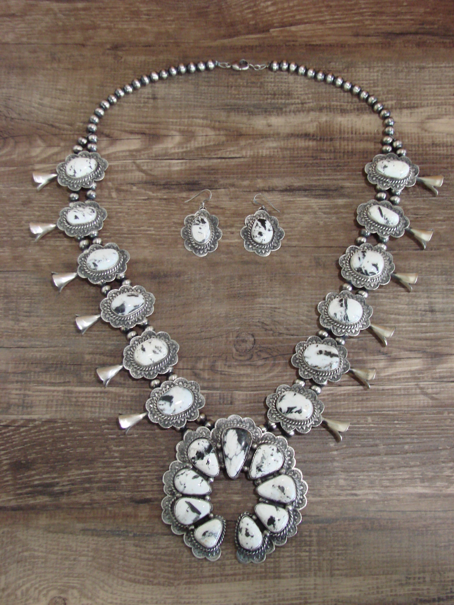 Native American Sterling Silver & White Buffalo Turquoise Squash Blossom Set by Kee-J