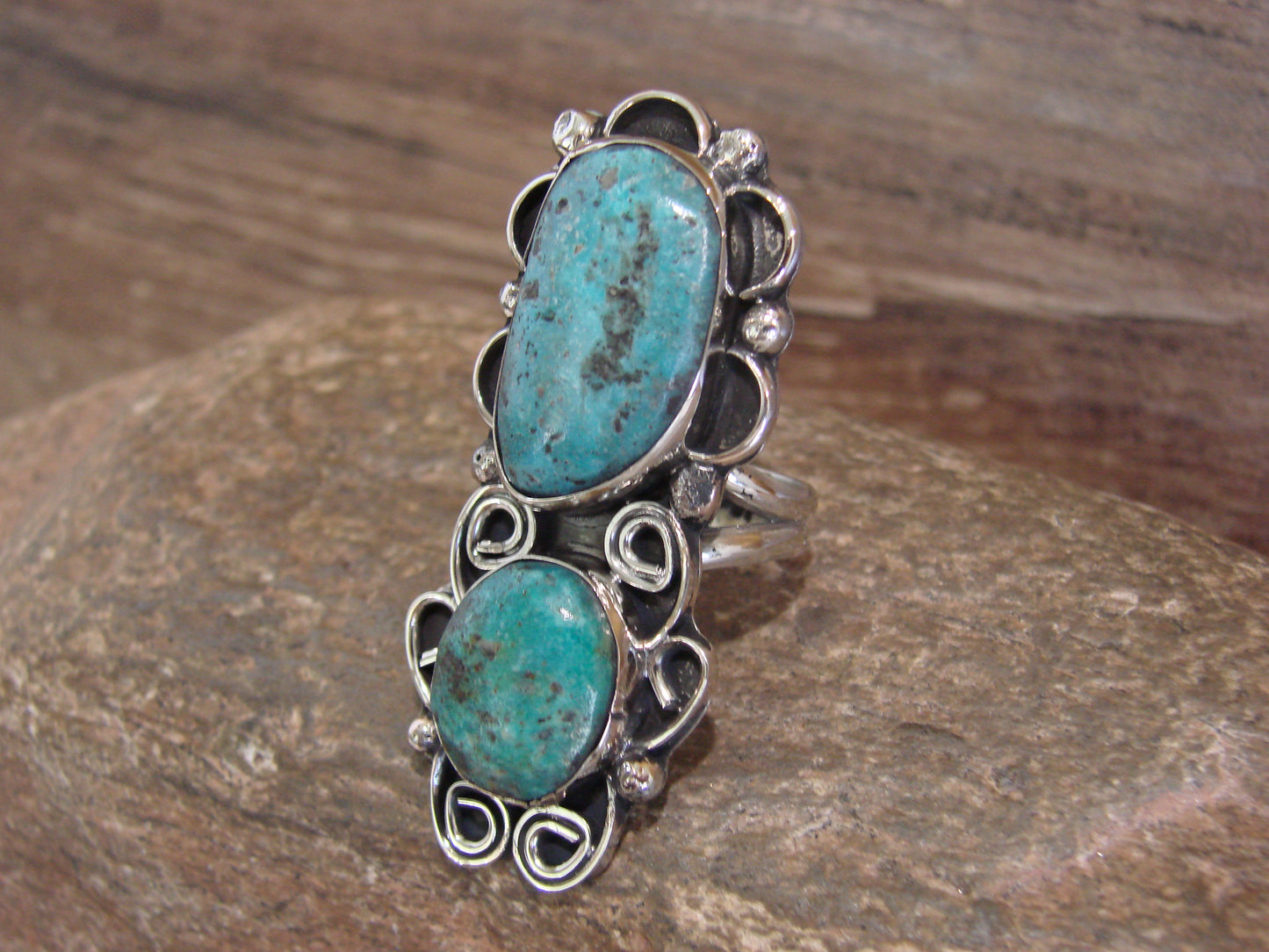 Native American Nickel Silver & Turquoise Ring by Cleveland - Size 8