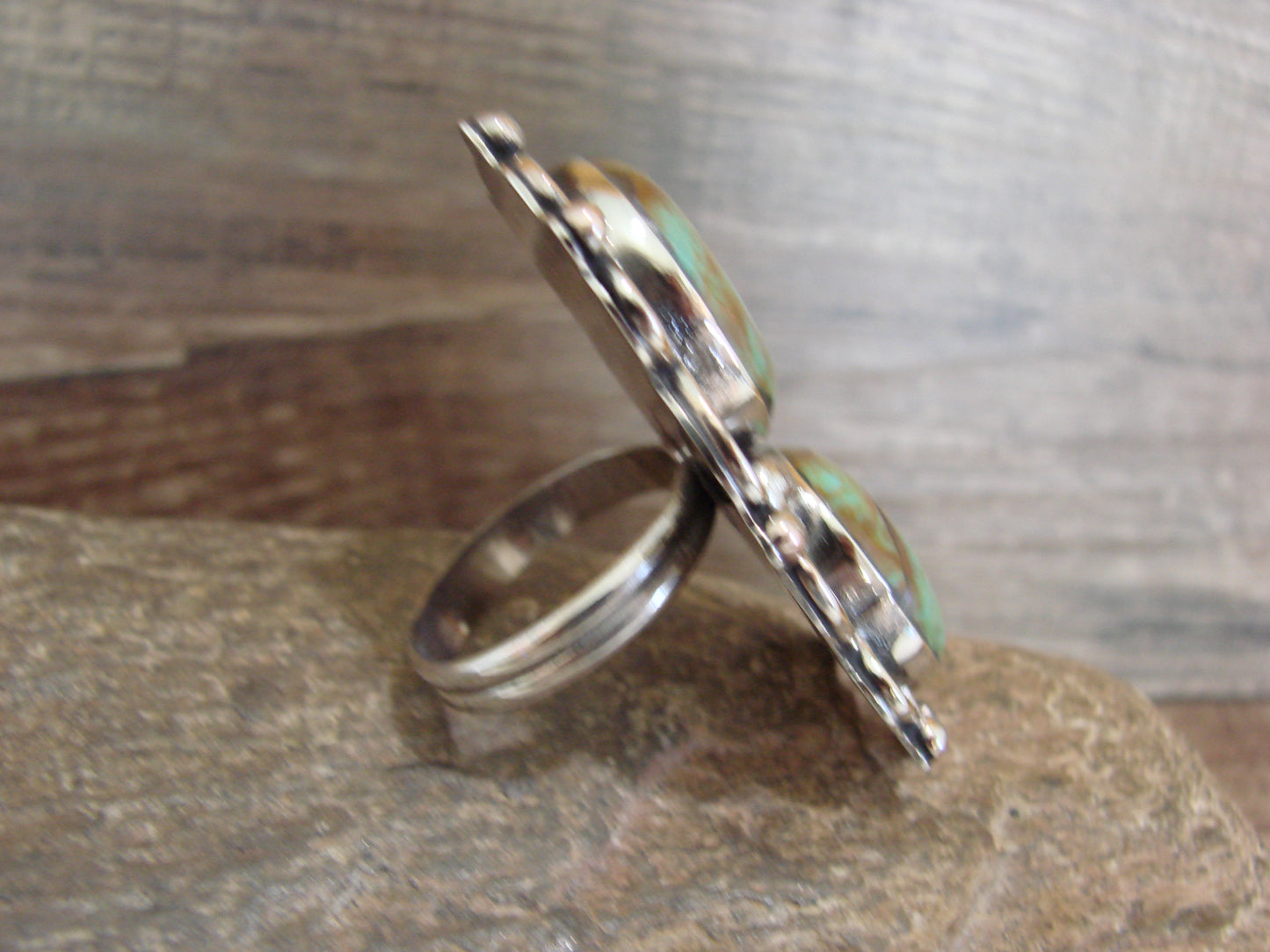 Native American Nickel Silver & Turquoise Adjustable Ring by Cleveland - Size 8 - 10