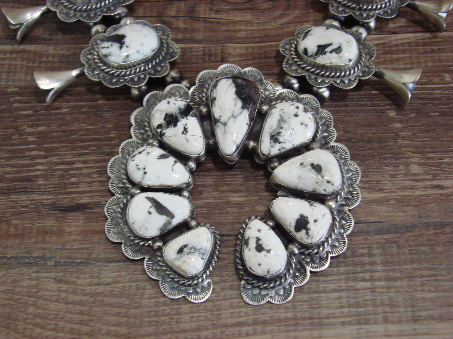Native American Sterling Silver & White Buffalo Turquoise Squash Blossom Set by Kee-J