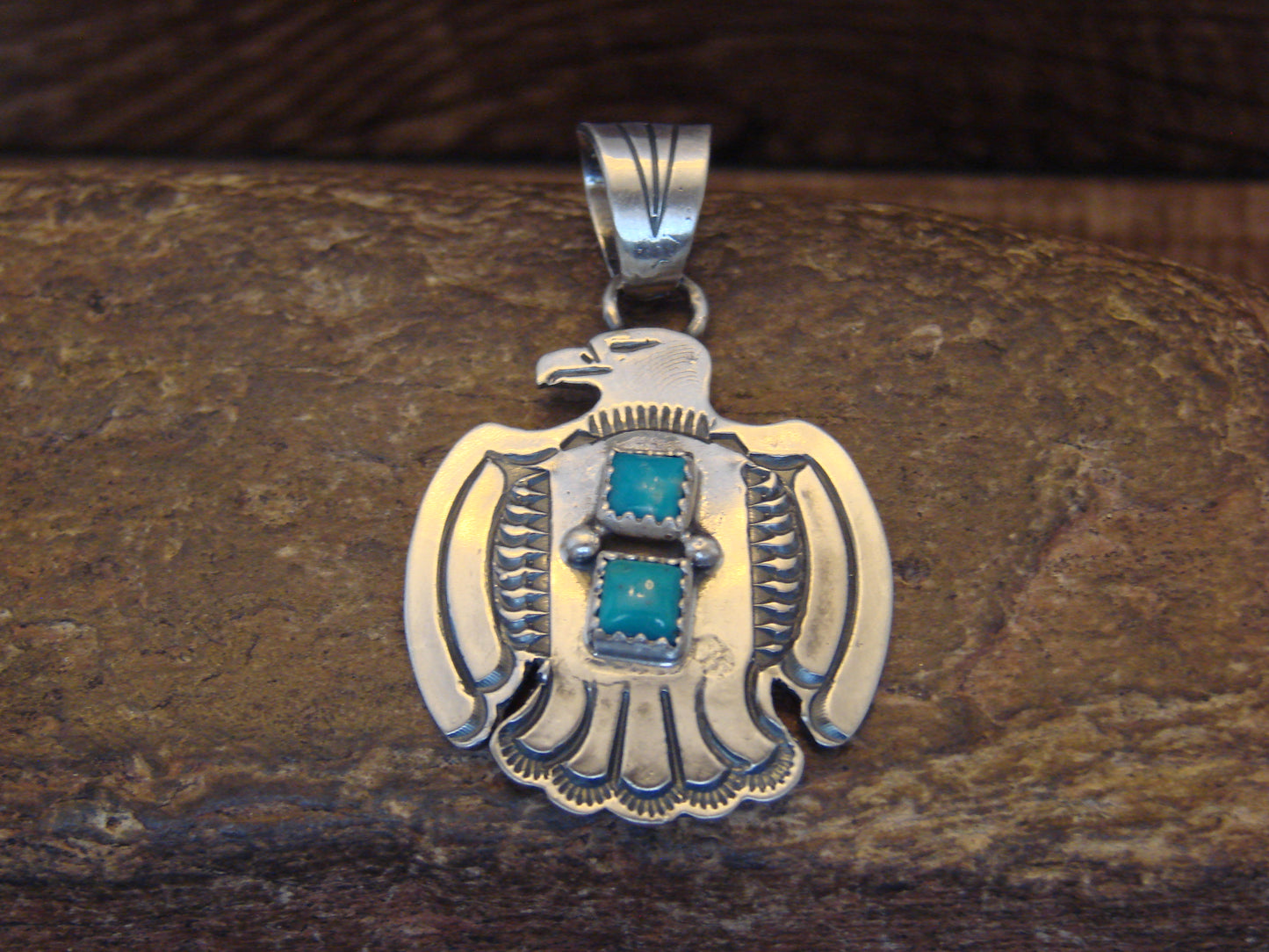 Native American Sterling Silver & Turquoise Thunderbird Pendant by Martinez