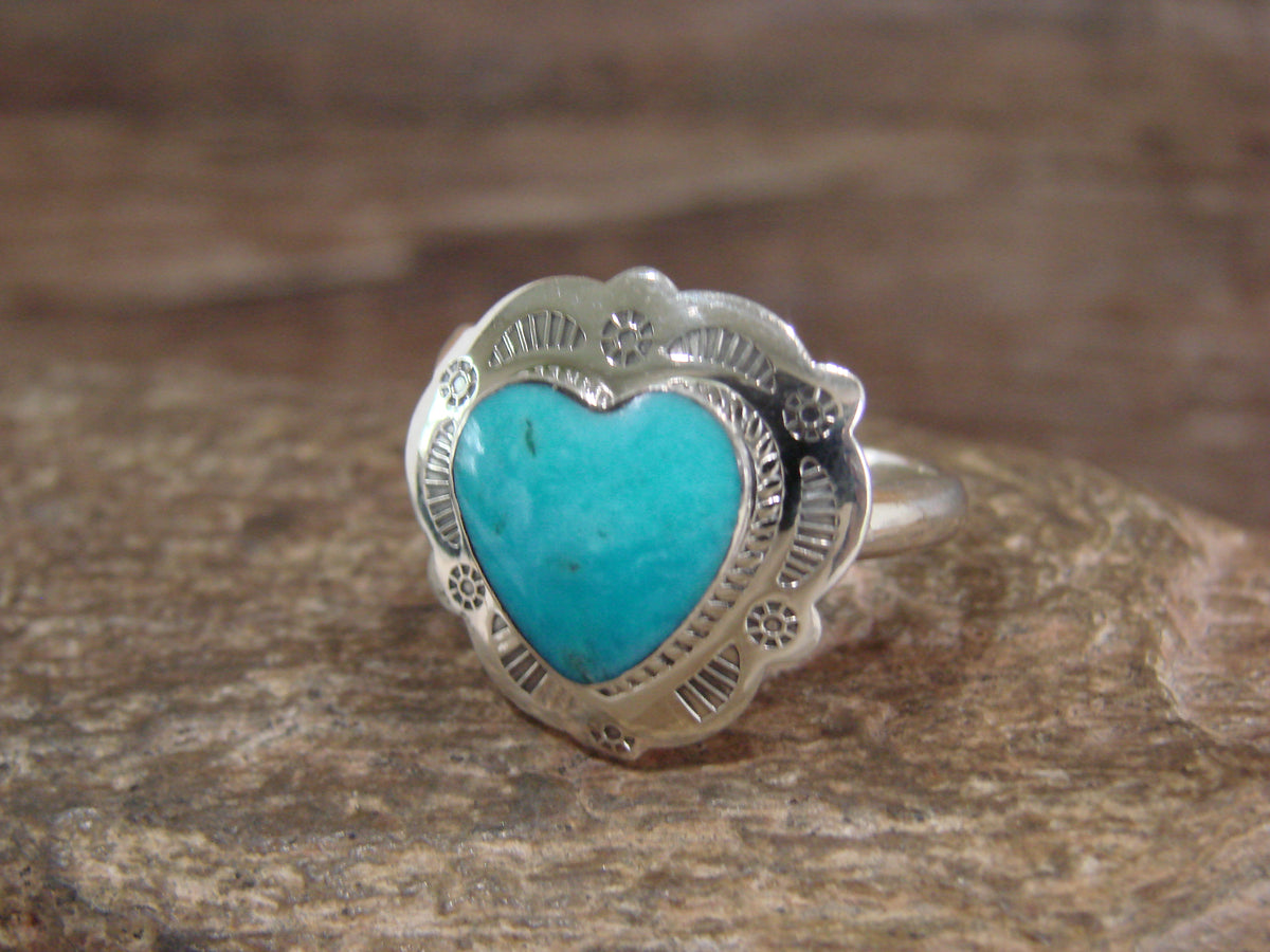 Native American Sterling Silver & Turquoise Heart Ring Size 8 - 9 - Coho