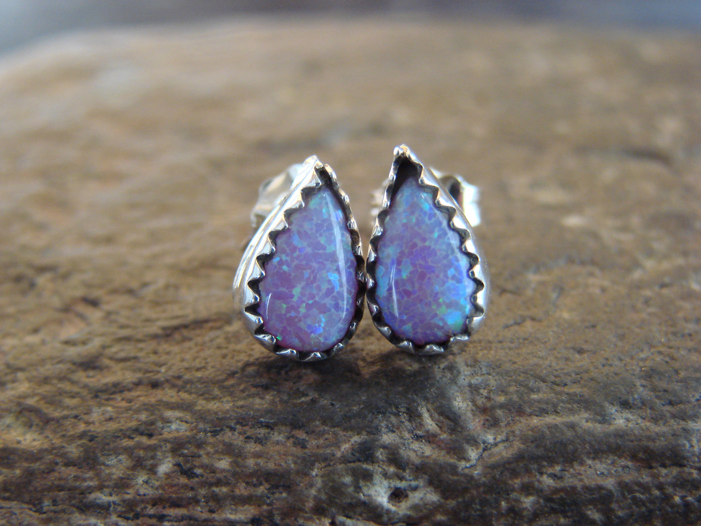 Native American Sterling Silver & Pink Opal Tear Drop Post Earrings - Joe
