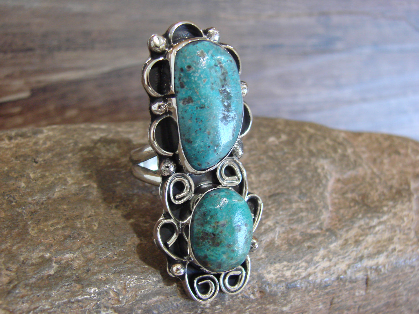Native American Nickel Silver & Turquoise Ring by Cleveland - Size 8