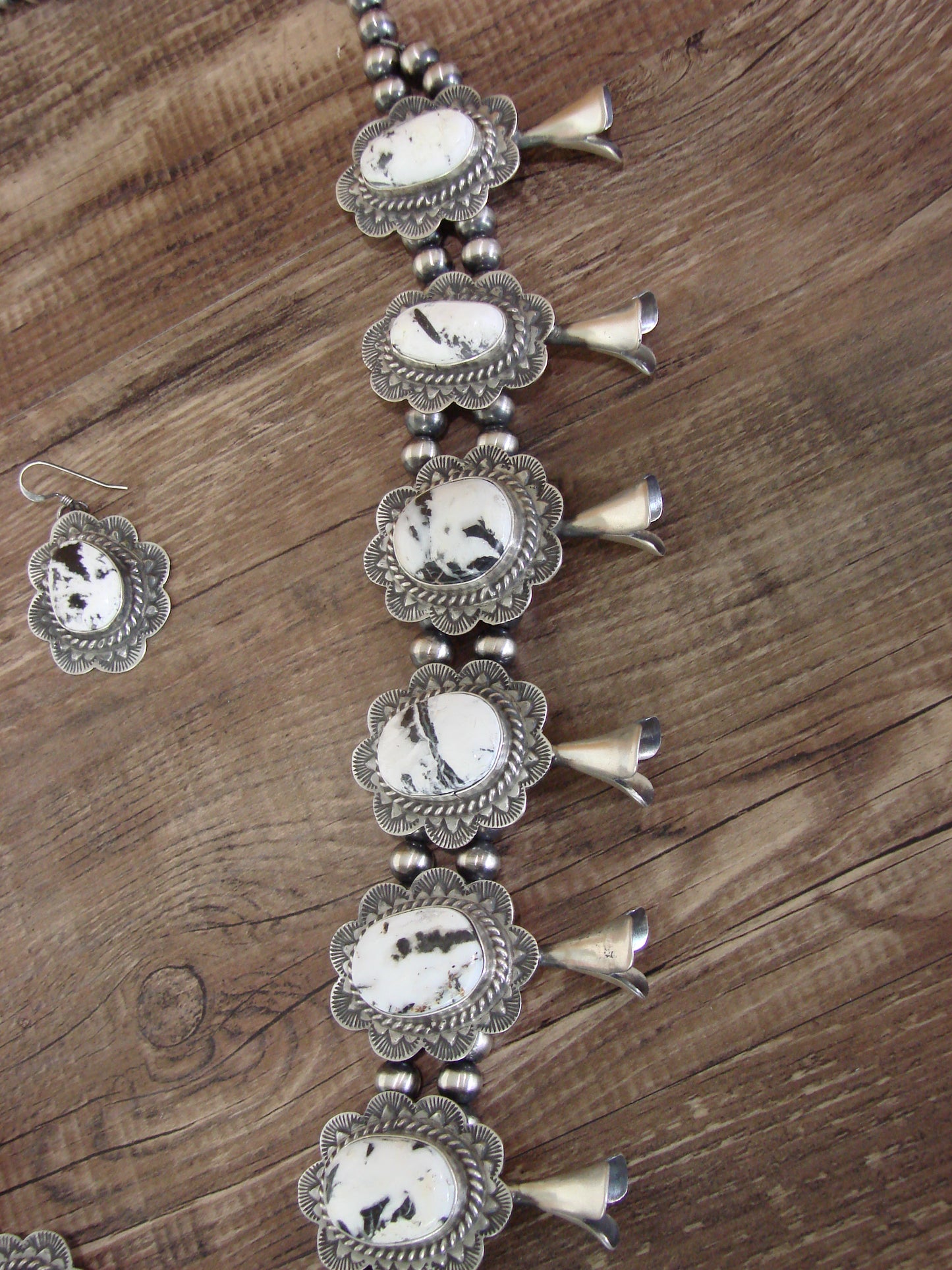 Native American Sterling Silver & White Buffalo Turquoise Squash Blossom Set by Kee-J