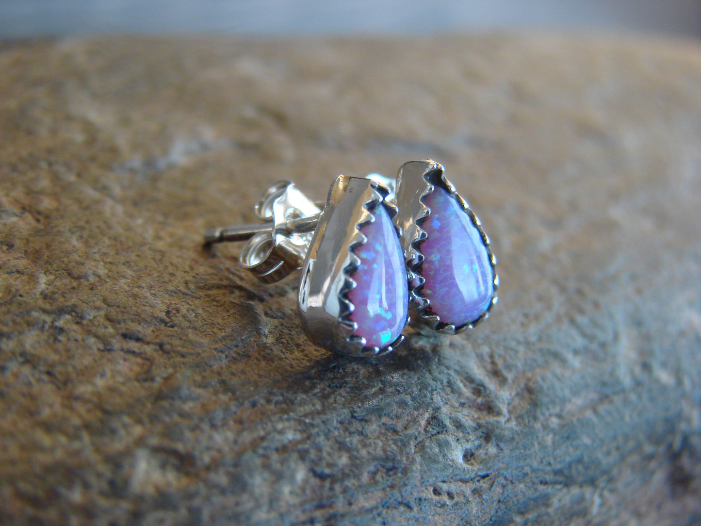 Native American Sterling Silver & Pink Opal Tear Drop Post Earrings - Joe
