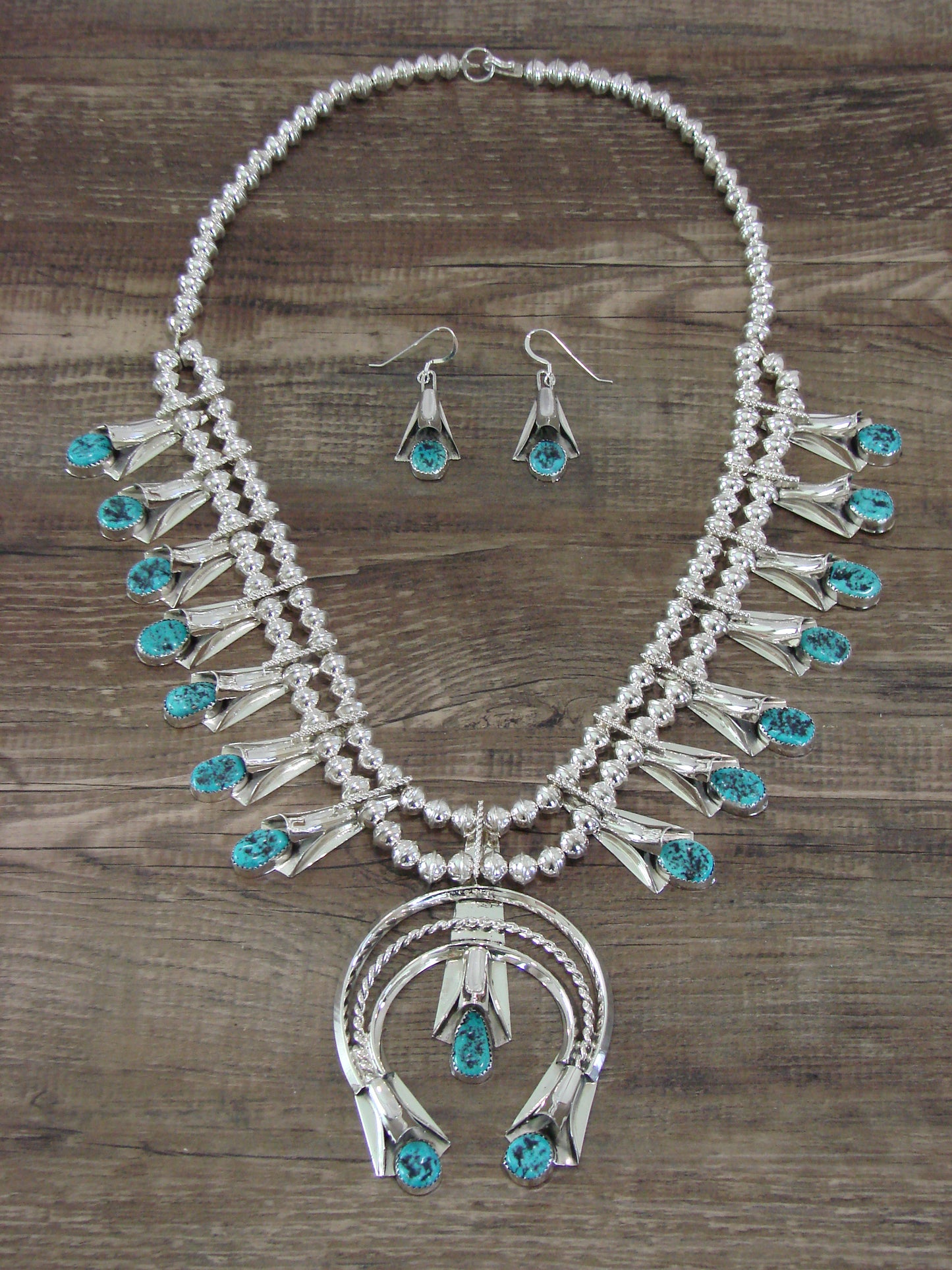 Native American Sterling Silver & Turquoise Squash Blossom Set by Yazzie