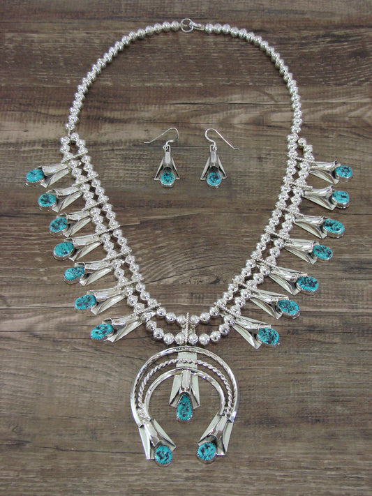 Native American Sterling Silver & Turquoise Squash Blossom Set by Yazzie