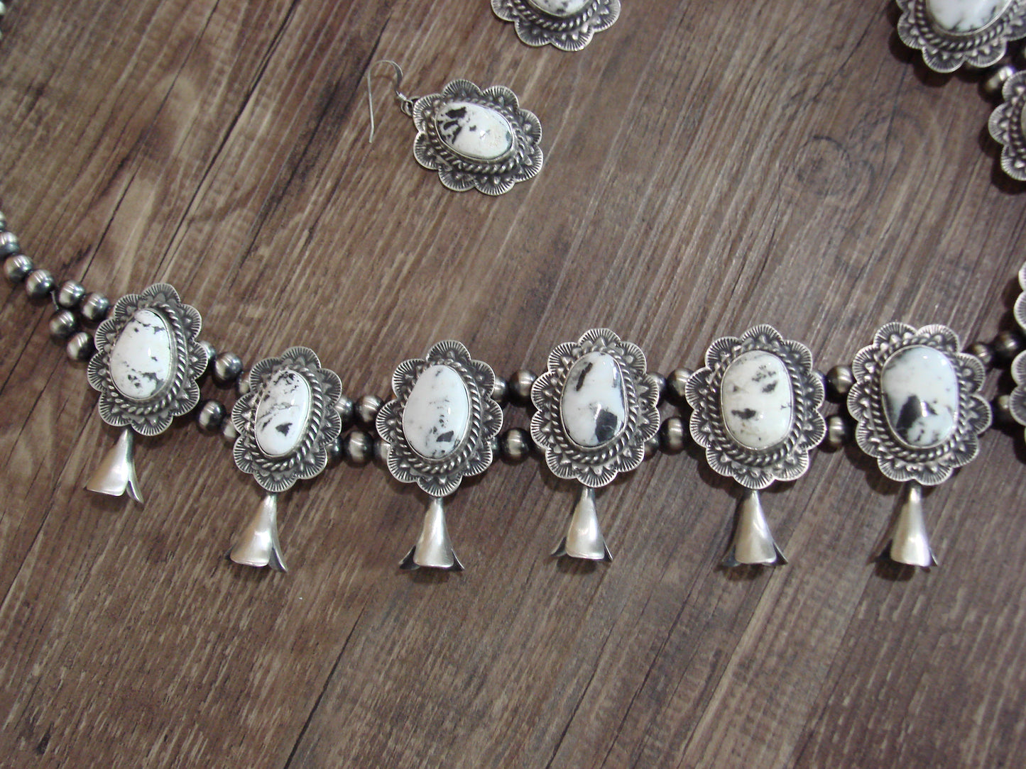 Native American Sterling Silver & White Buffalo Turquoise Squash Blossom Set by Kee-J