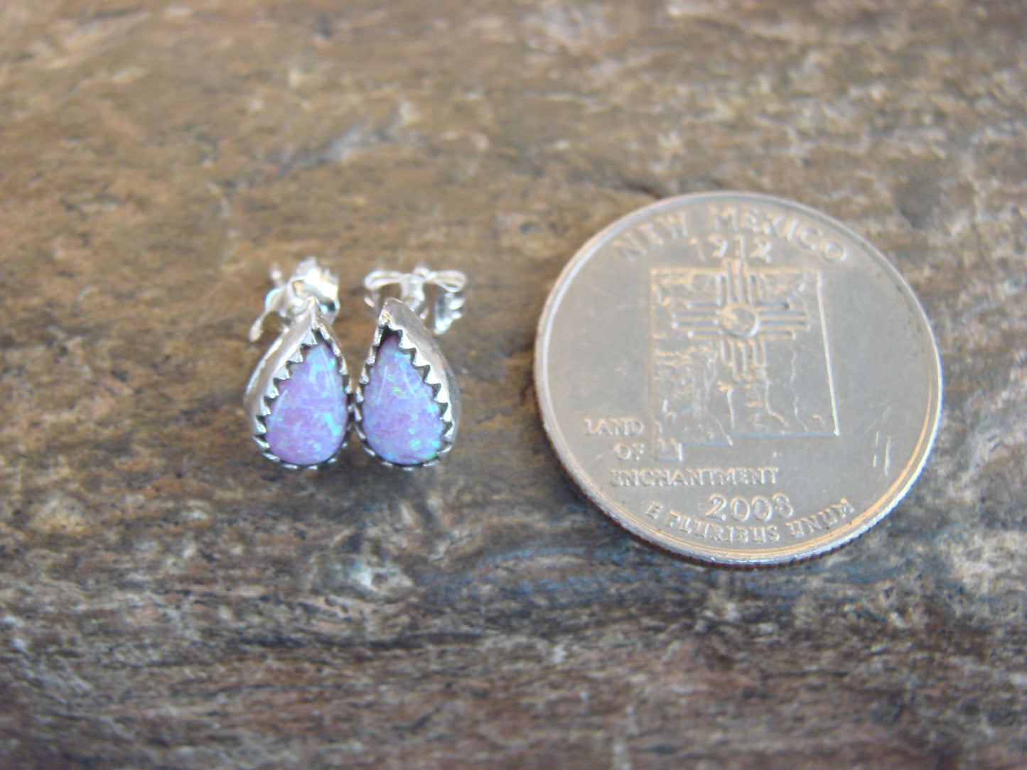 Native American Sterling Silver & Pink Opal Tear Drop Post Earrings - Joe