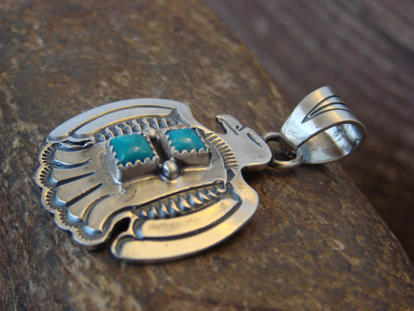 Native American Sterling Silver & Turquoise Thunderbird Pendant by Martinez