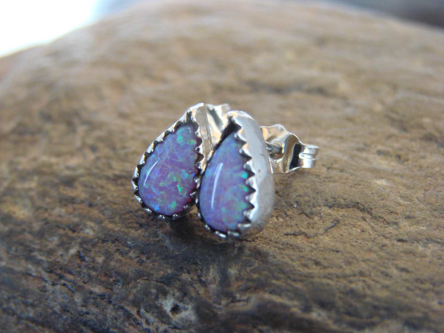 Native American Sterling Silver & Pink Opal Tear Drop Post Earrings - Joe