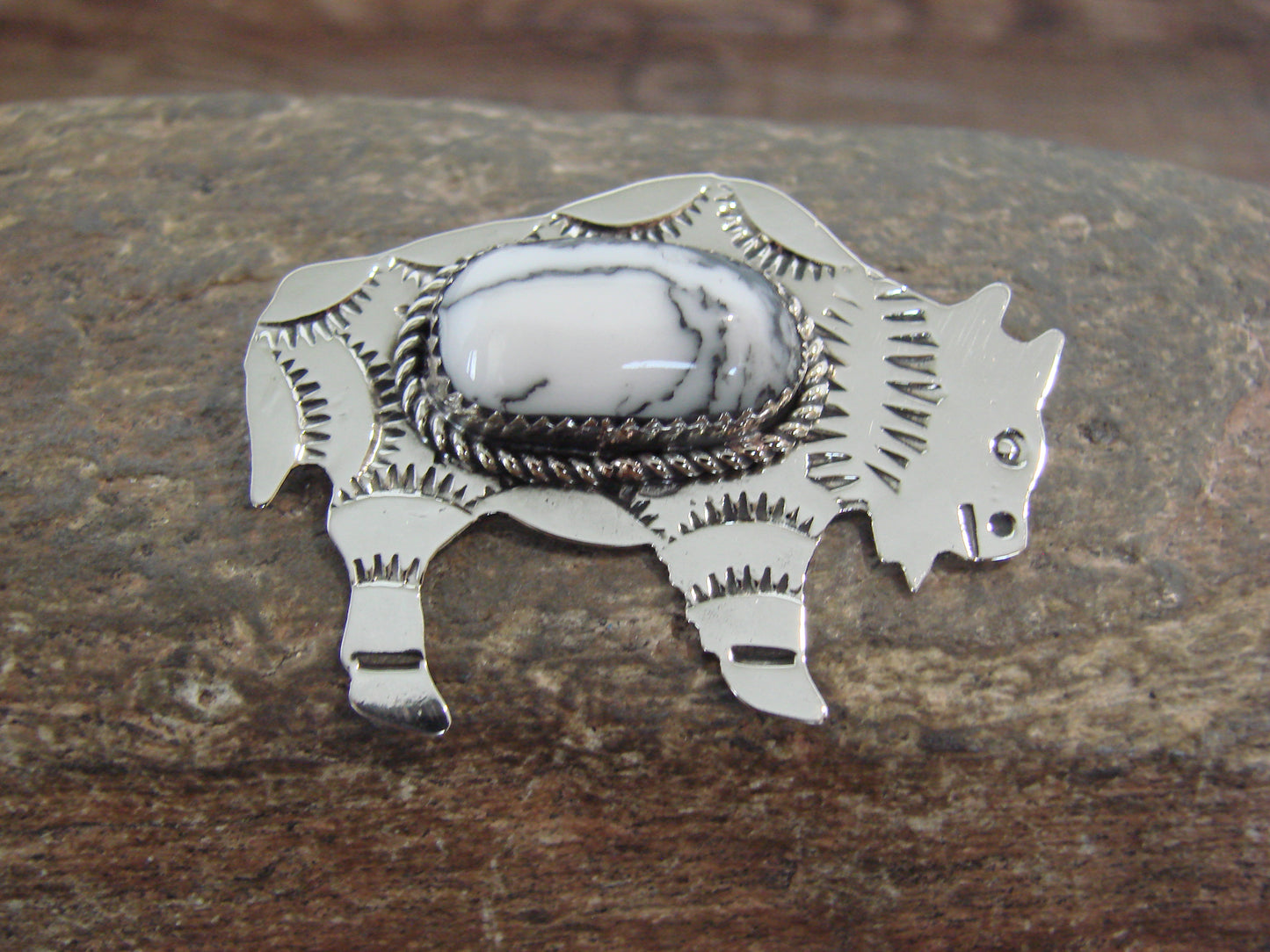 Native American Nickel Silver & Howlite Buffalo Pendant - Cleveland