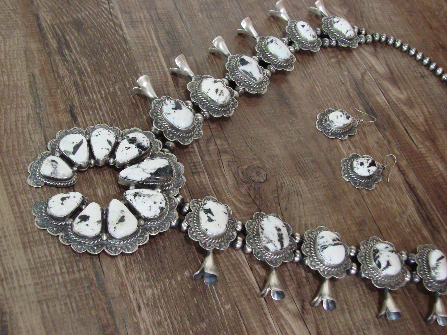 Native American Sterling Silver & White Buffalo Turquoise Squash Blossom Set by Kee-J