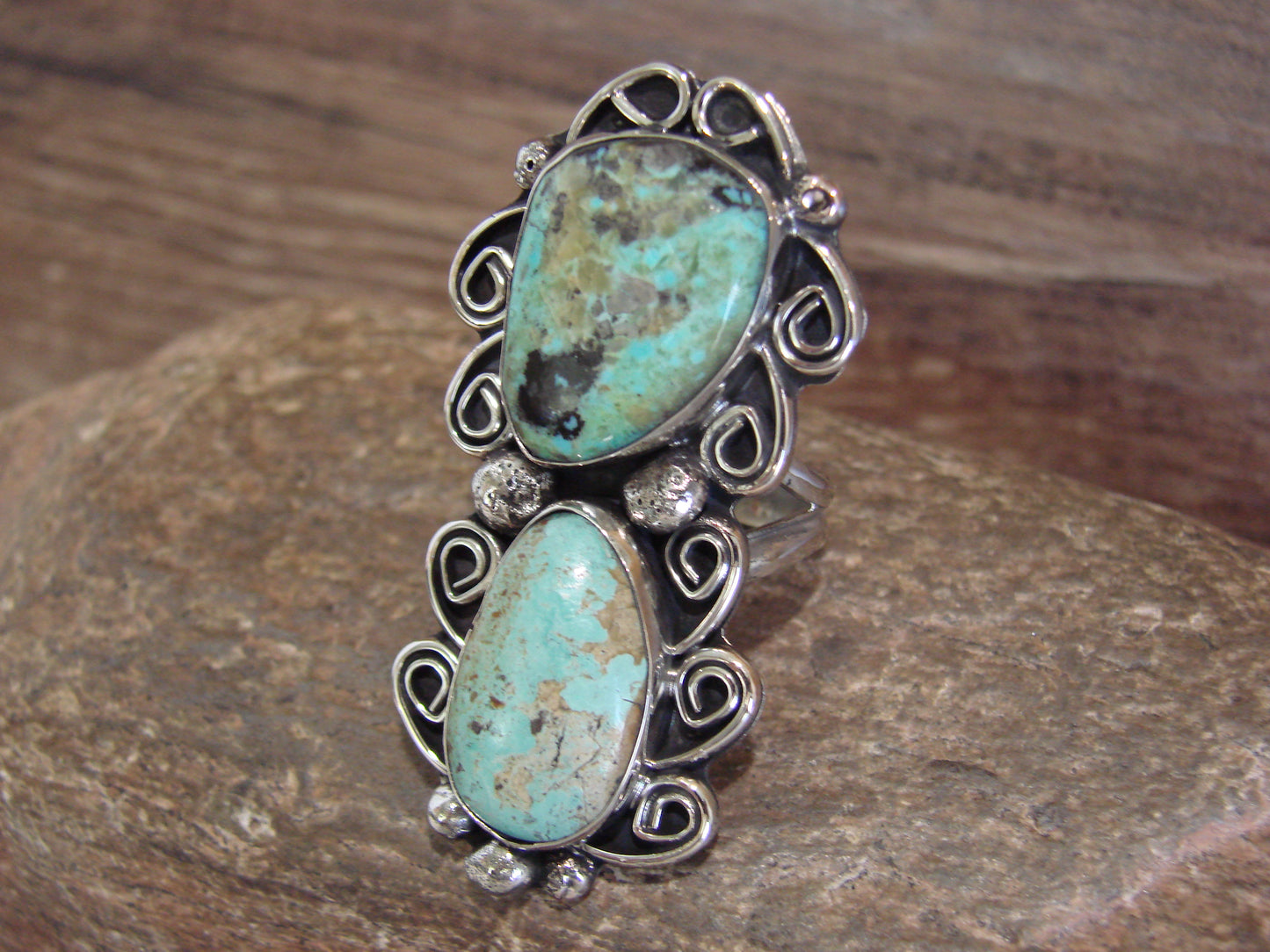 Native American Nickel Silver & Turquoise Ring by Cleveland - Size 10