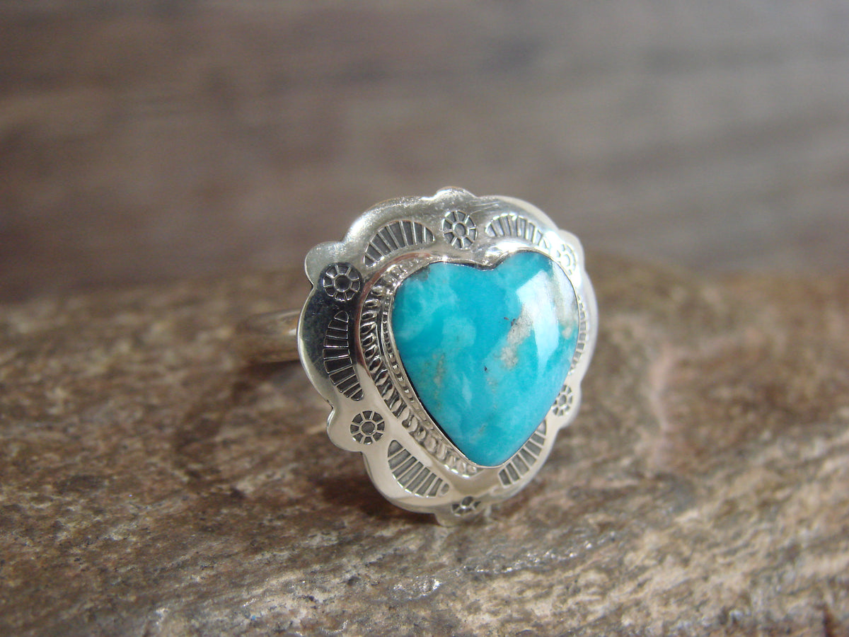 Native American Sterling Silver & Turquoise Heart Ring Size 8 - 9 - Coho
