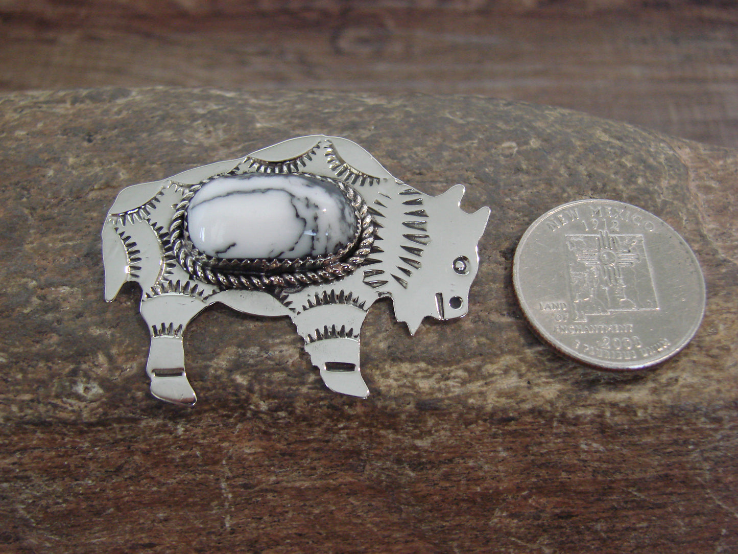 Native American Nickel Silver & Howlite Buffalo Pendant - Cleveland