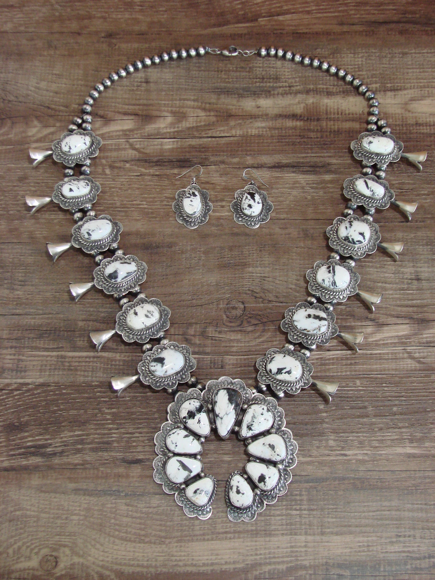 Native American Sterling Silver & White Buffalo Turquoise Squash Blossom Set by Kee-J