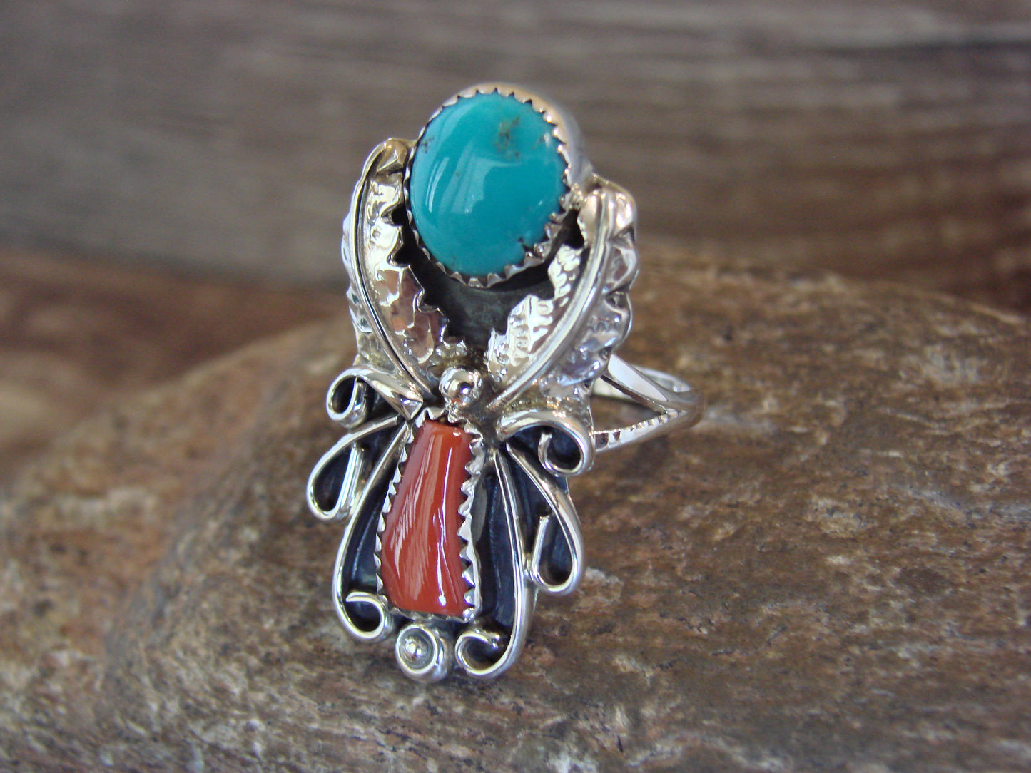 Native American Sterling Silver Turquoise & Coral Ring - Size 9 - Signed HBY