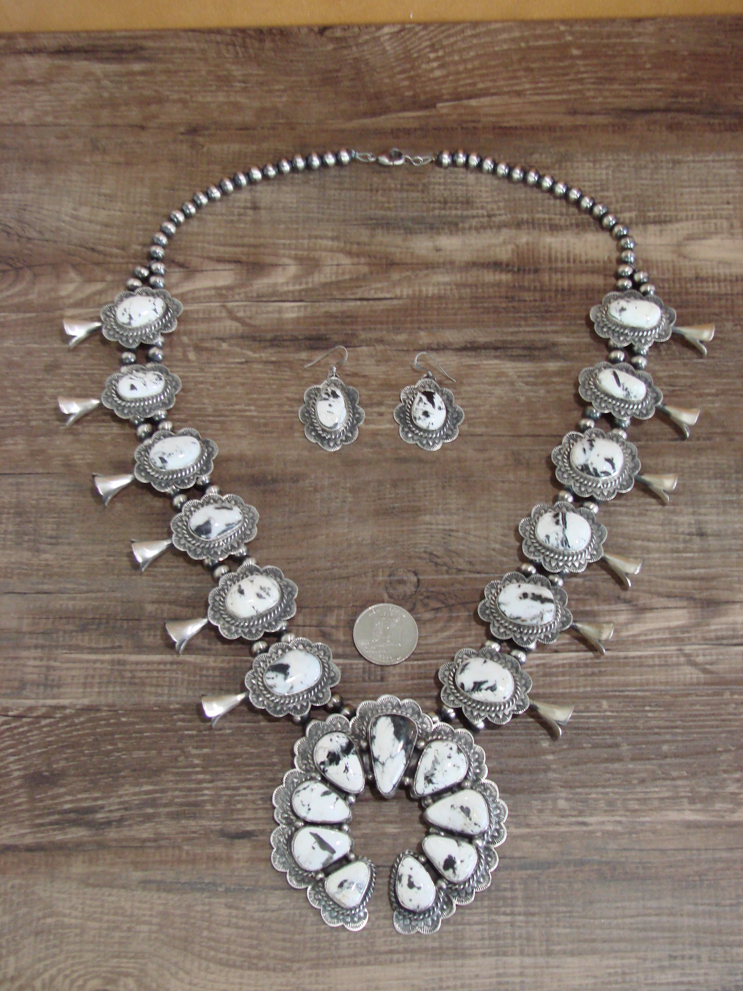 Native American Sterling Silver & White Buffalo Turquoise Squash Blossom Set by Kee-J