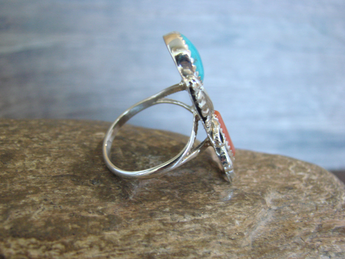 Native American Sterling Silver Turquoise & Coral Ring - Size 9 - Signed HBY