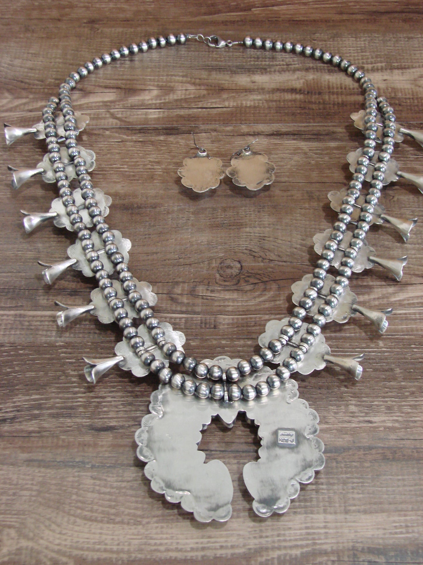 Native American Sterling Silver & White Buffalo Turquoise Squash Blossom Set by Kee-J