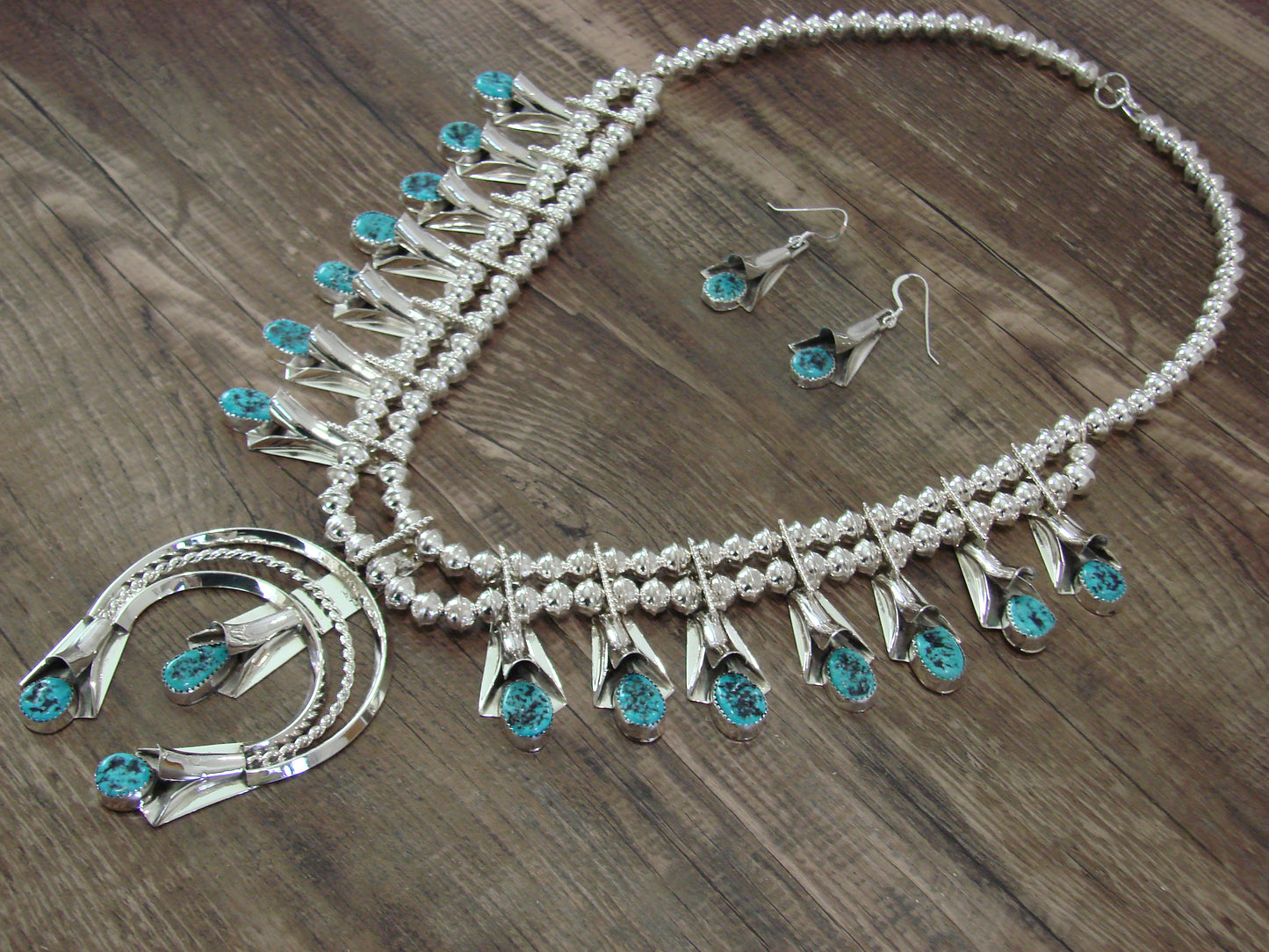 Native American Sterling Silver & Turquoise Squash Blossom Set by Yazzie
