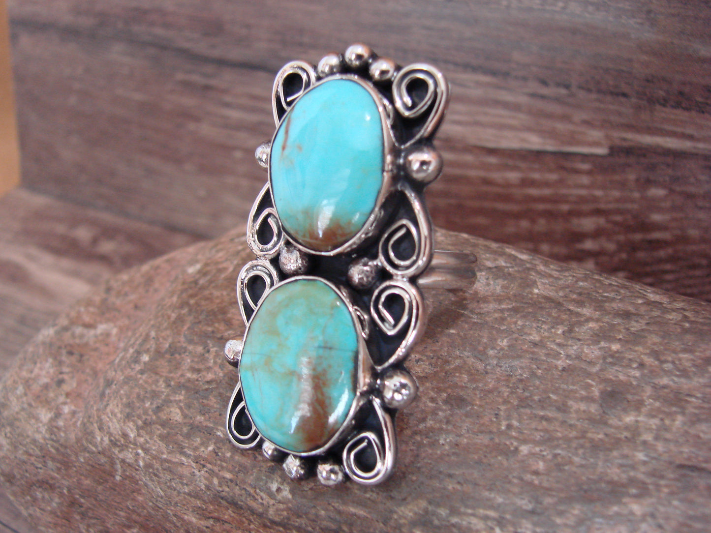 Native American Nickel Silver & Turquoise Adjustable Ring by Cleveland - Size 8 - 10