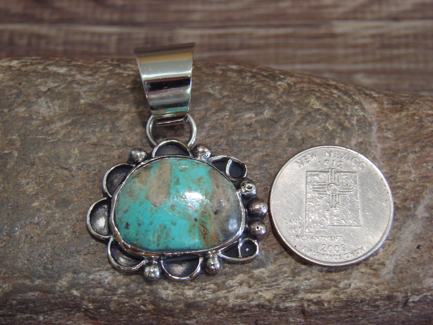 Native American Navajo Nickel Silver & Turquoise Pendant - Cleveland