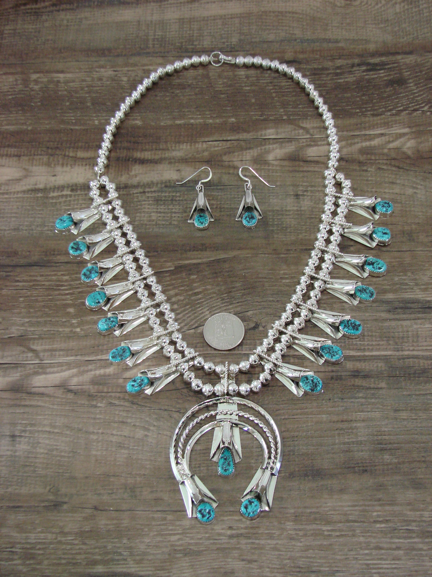 Native American Sterling Silver & Turquoise Squash Blossom Set by Yazzie